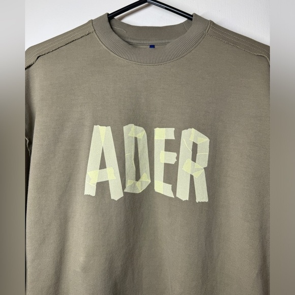 ADER ERROR Tape Logo Spellout Beige Green Pullover Sweatshirt Size A1 US Size S - Picture 4 of 15